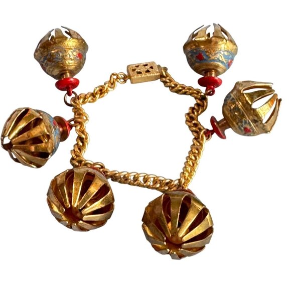 Vintage Indian Elephant Claw Charm Bracelet Gilt & Enamel Statement 6 1/2" - Picture 4 of 7